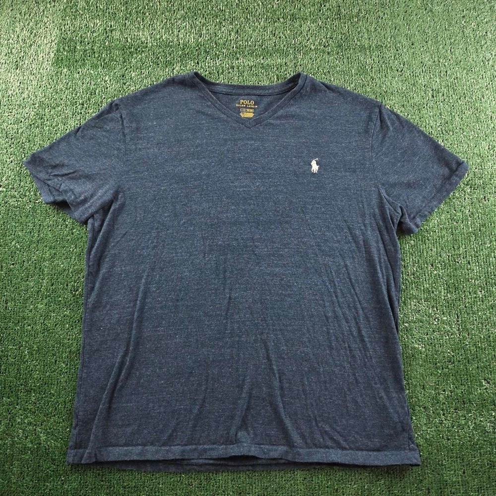 Polo Ralph Lauren Mens V-Neck T-Shirt Navy Blue Heather Cotton Large L Pony Logo